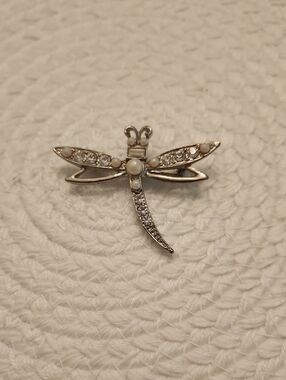 Silver Dragonfly Brooch with Pearl and Crystal Accents